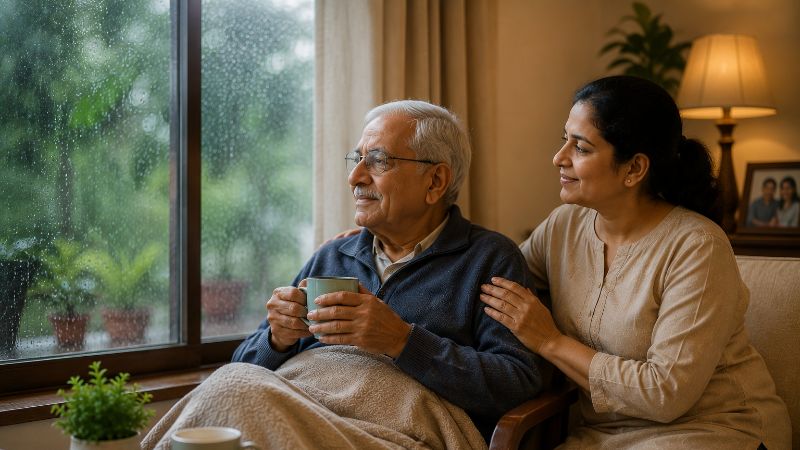 Elderly patient with family during monsoon in Gurgaon